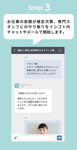 STEP3 お仕事の依頼が確定次第、専門スタッフとのやり取りをイシゴト内チャットやメールで開始します。